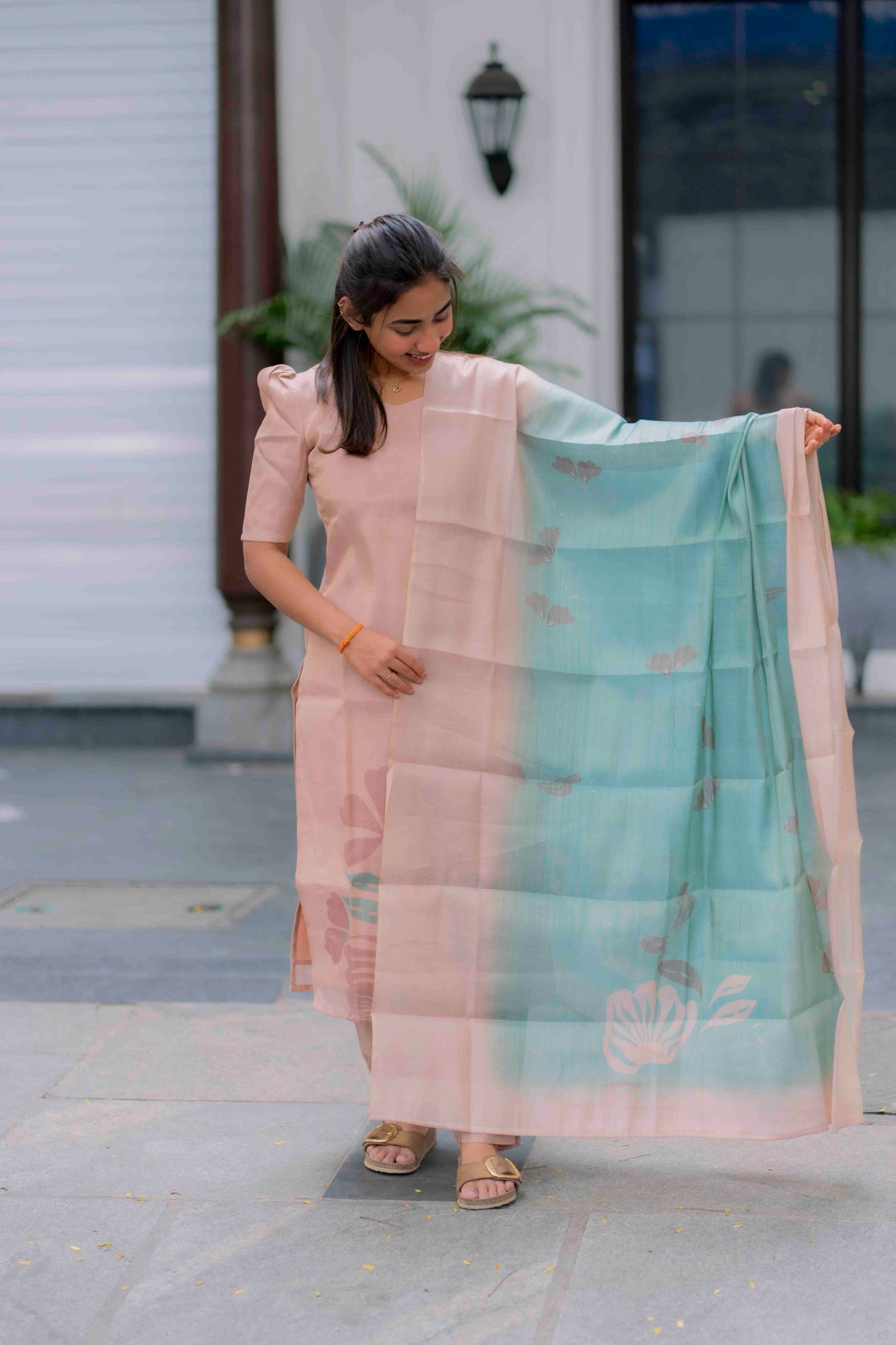 AA200 Cream Beige with Blue Combo Tissue Silk 3 Pc Set