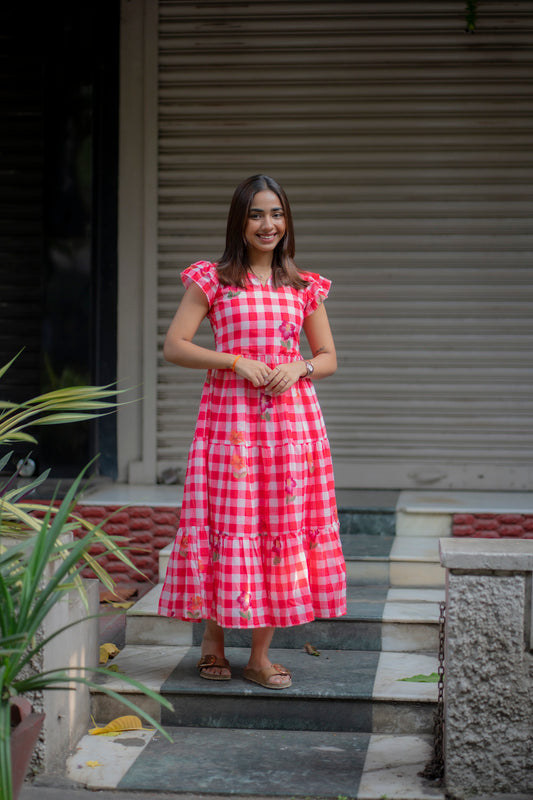 AA231 Red Checks floral Cotton Maxi