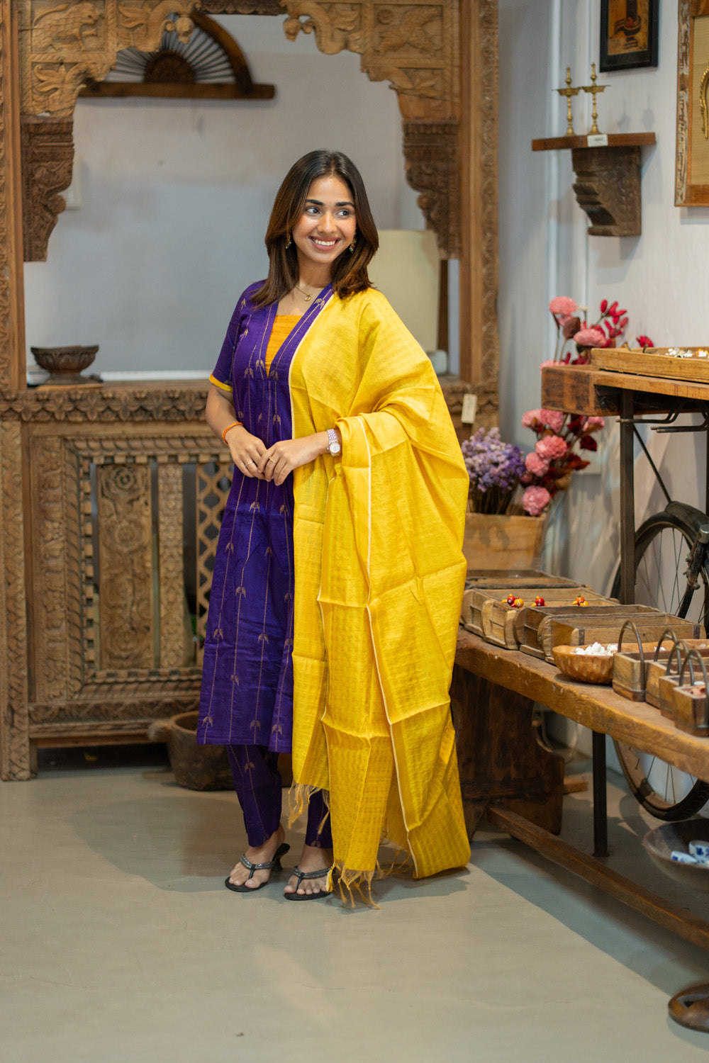AA309 Violet Parrot Print Raw Silk Kurti & Pant  with Yellow Silk Dupatta (Neck & Sleeve Patched with Yellow Silk Fabric)