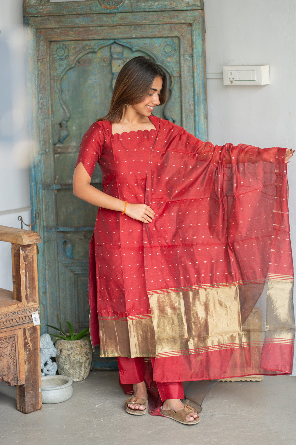 AA304 Plum Red Chanderi Silk Salwar Set with Scallop Neck (Rich & Classy Outfit with Golden Border & Golden Motifs)