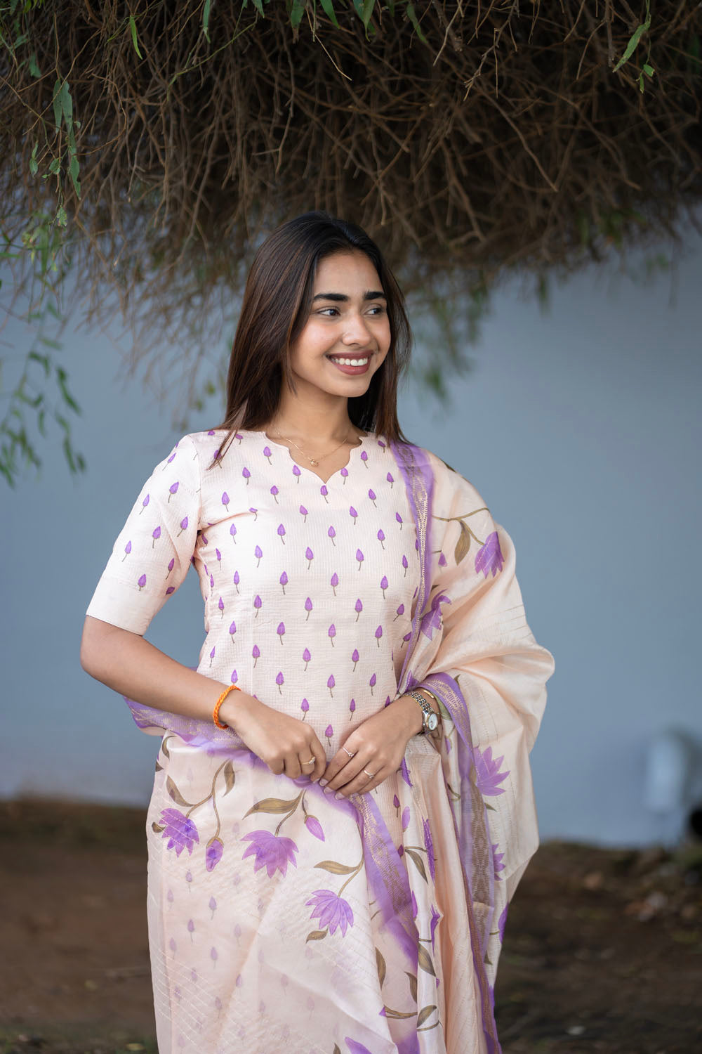 AA252 Beige with Lavender Combo Kota Floral 3 Pc Set