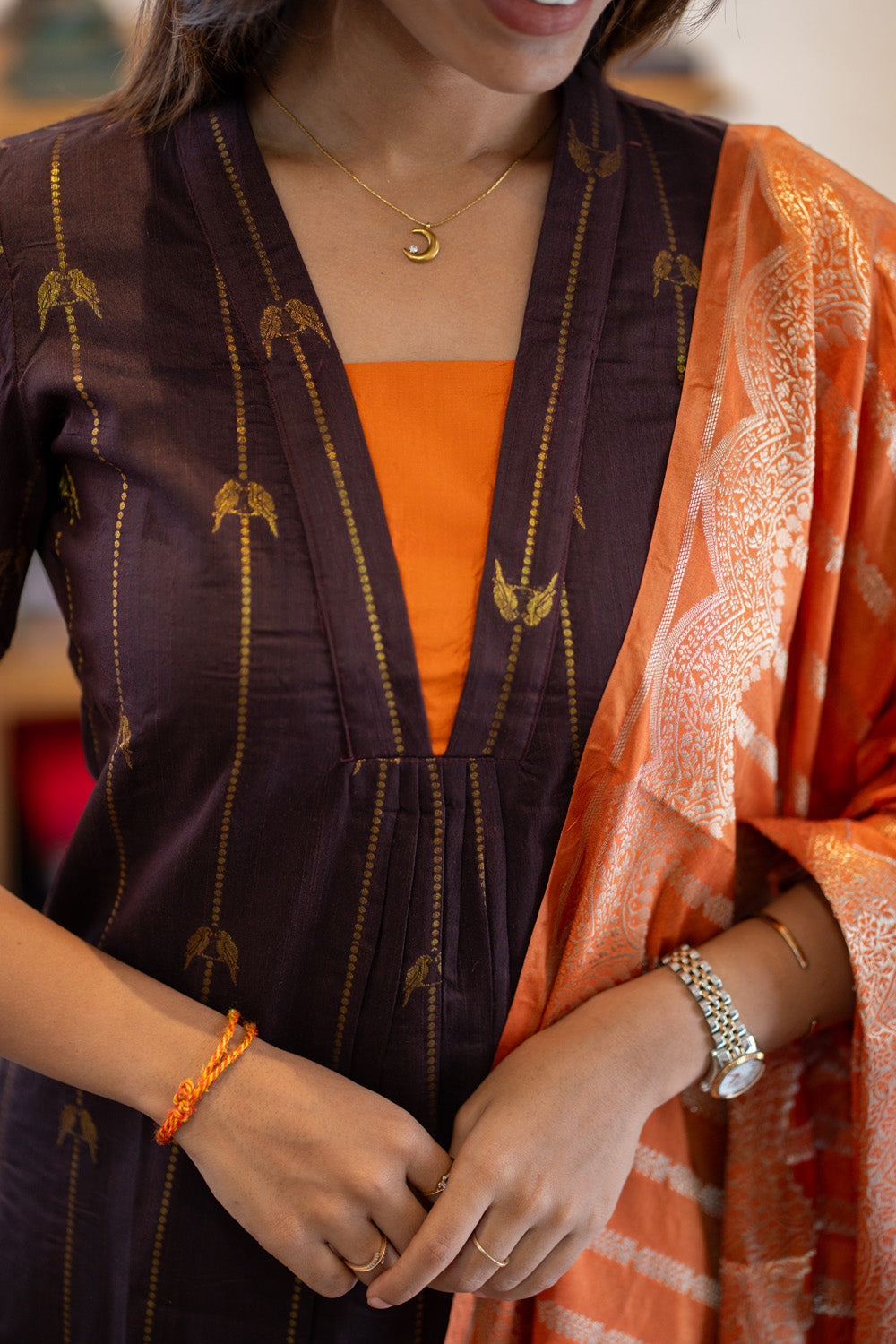 Brown Parrot Print Raw Silk Kurti & Pant  with Orange Jacquard  Silk Dupatta (Neck & Sleeve Patched with Orange Silk Fabric)