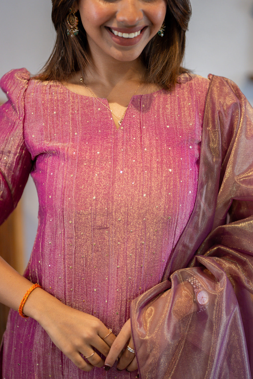 AA303 Purplish Pink Crush Silk Salwar Set with Shiny Tissue Silk Dupatta(crepe Lining)