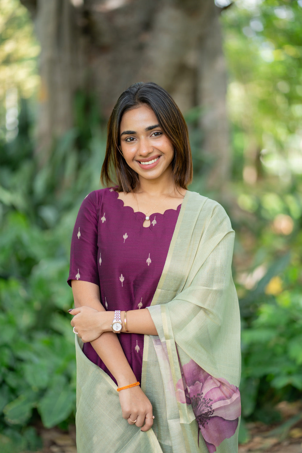 AA291 Wine Purple Raw Silk Top & Pant With pastel Green Tissue Silk Floral Dupatta