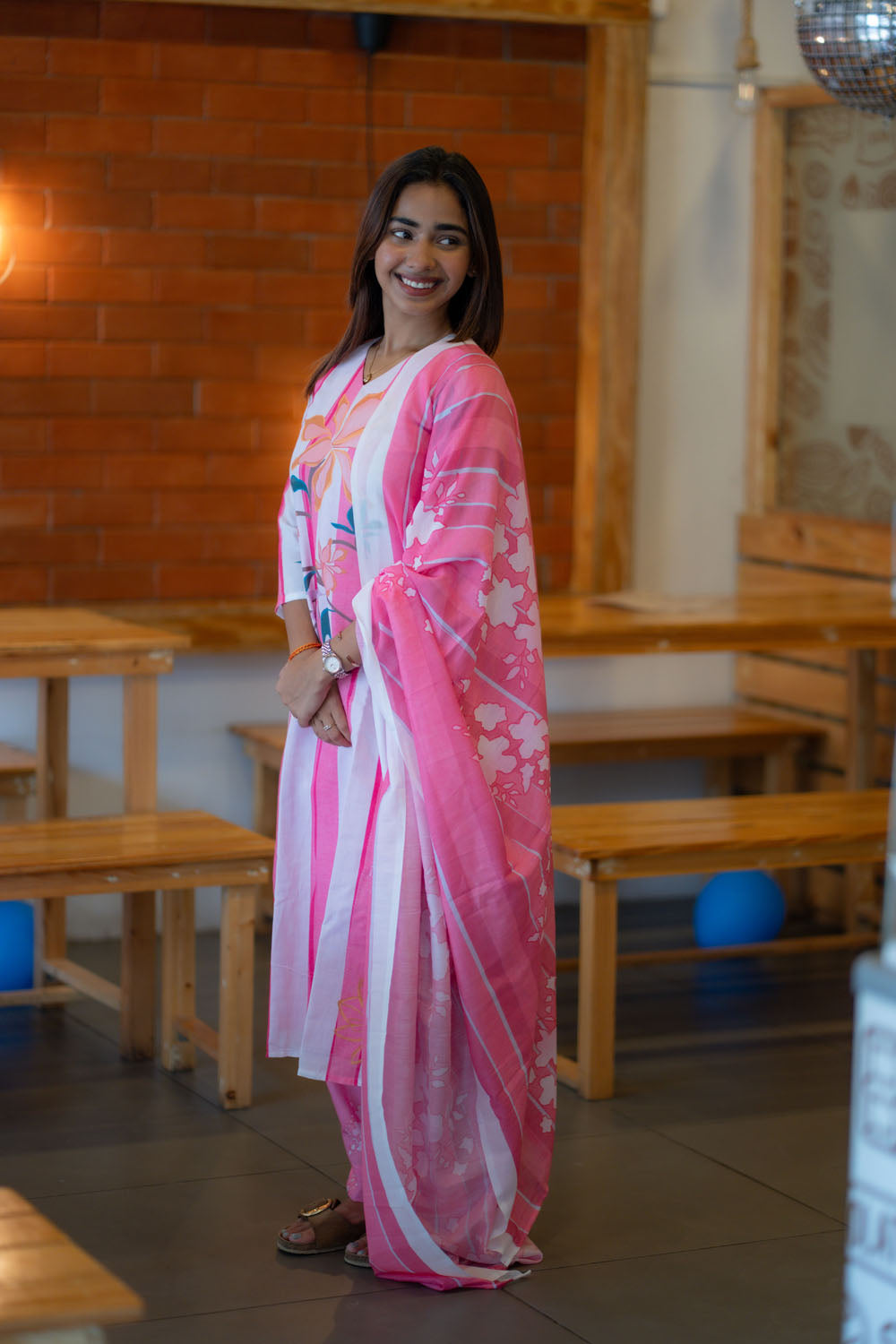 AA239 Pastel Pink with White Stripes Cambric Cotton 3 Pc set