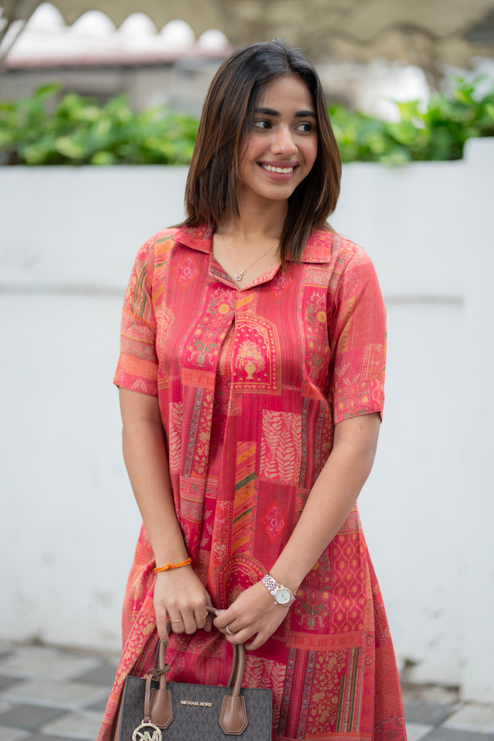 AA288 Coral Red with Multi Prints Shimmer Silk Aline Kurti