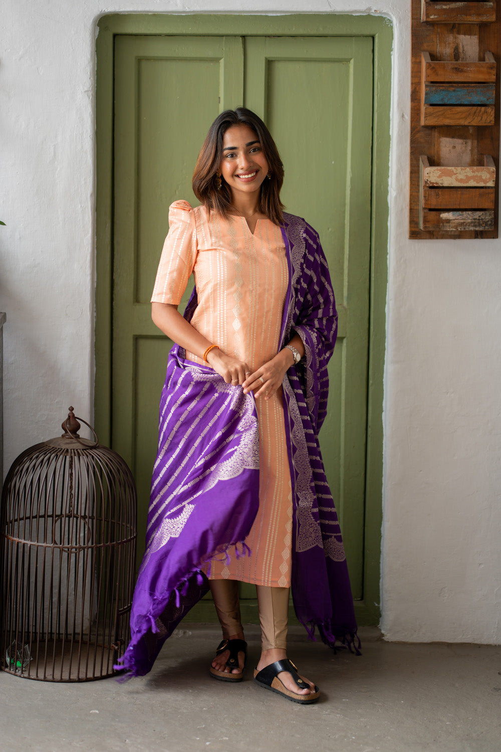 Peach Chanderi Diamond Stripes & Butta Kurti with Violet Banarasi Jacquard Dupatta