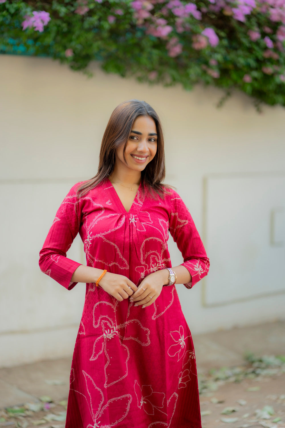 AA233 Raspberry Bandhani Floral print Flex Cotton Aline Kurti