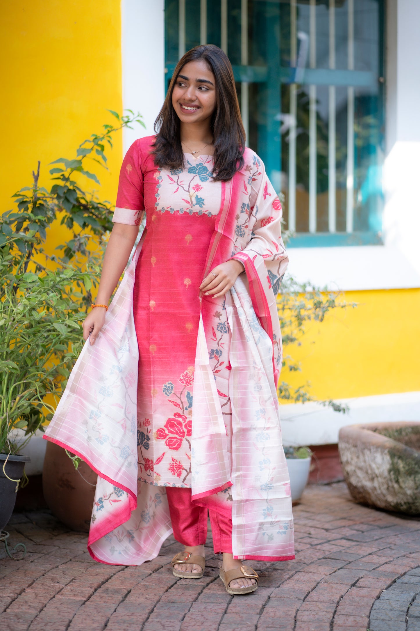 AA165 Red with Peach Floral Kollam Silk 3 Pc Set