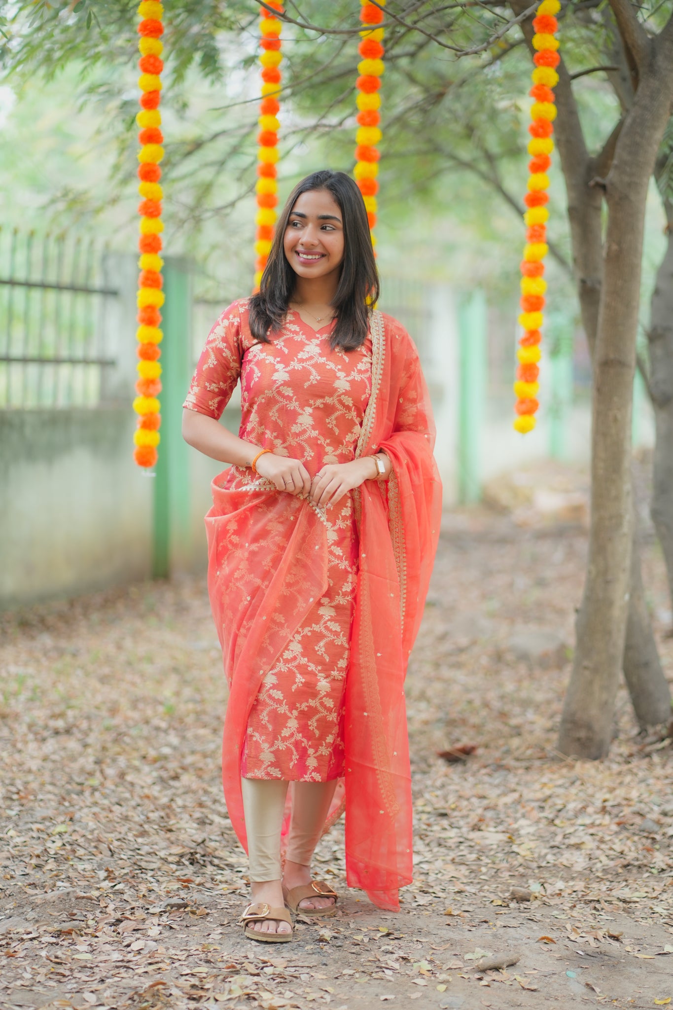 AA157 Red with Golden Floral Zari Weaving Tissue Silk Kurti with Organza Sequence Dupatta