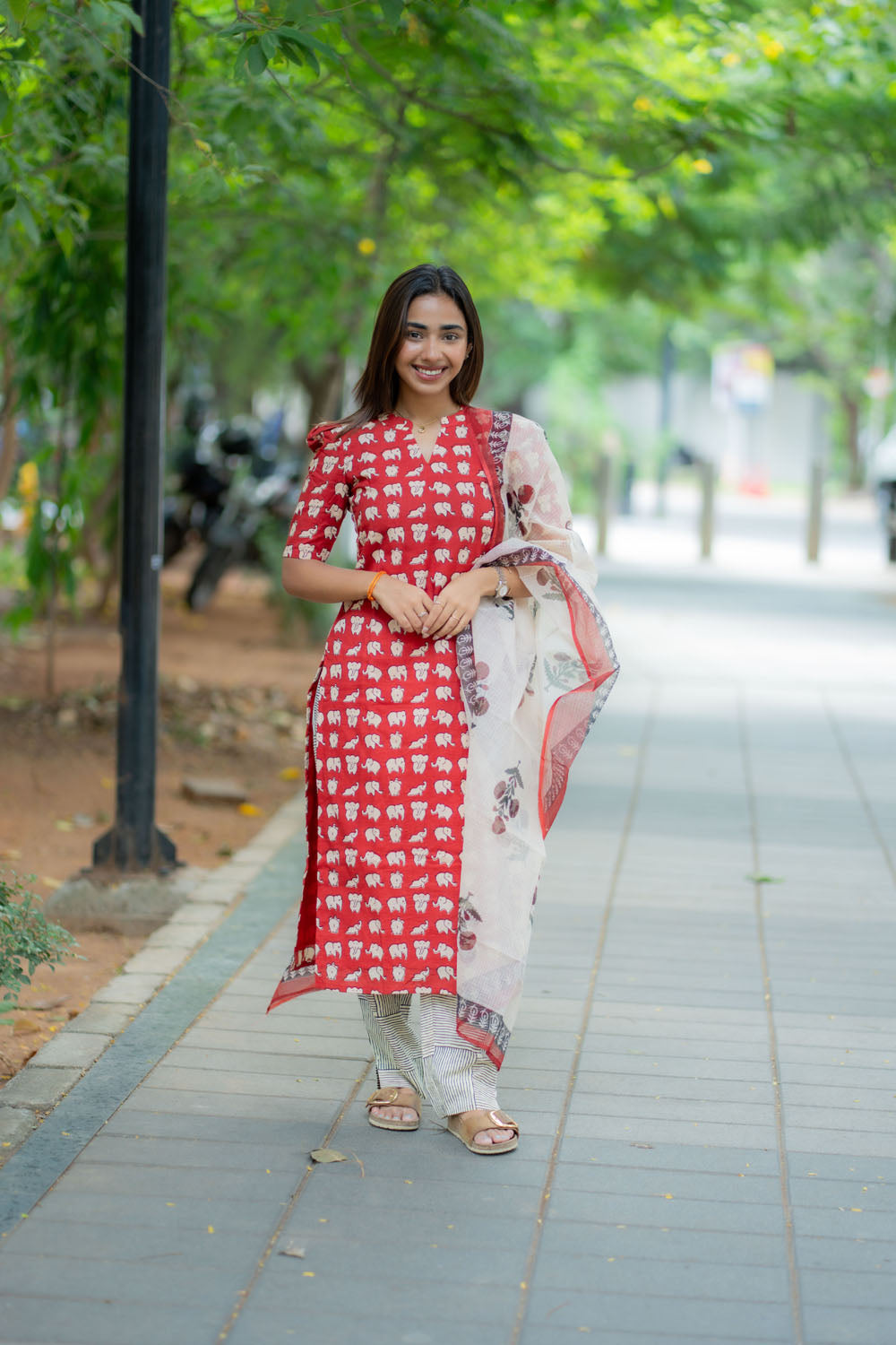 AA240 Elephant Print Cotton Salwar Set with Kota Dupatta