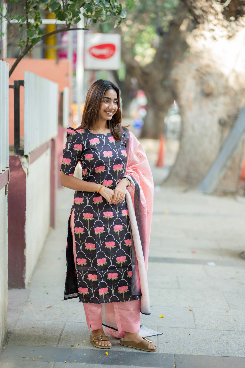 AA275 Black With Pink Lotus Kollam Silk Salwar set