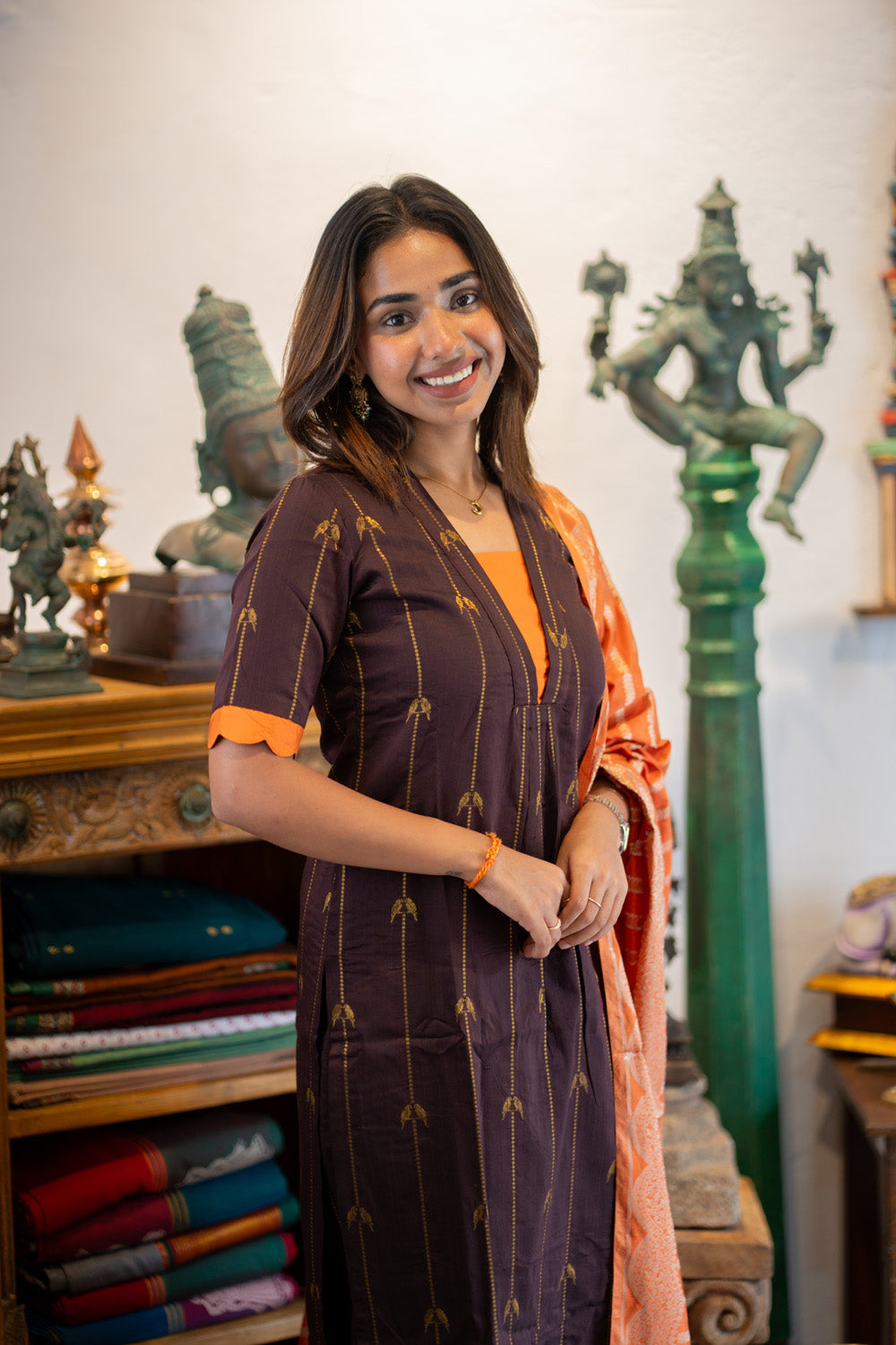 Brown Parrot Print Raw Silk Kurti & Pant  with Orange Jacquard  Silk Dupatta (Neck & Sleeve Patched with Orange Silk Fabric)