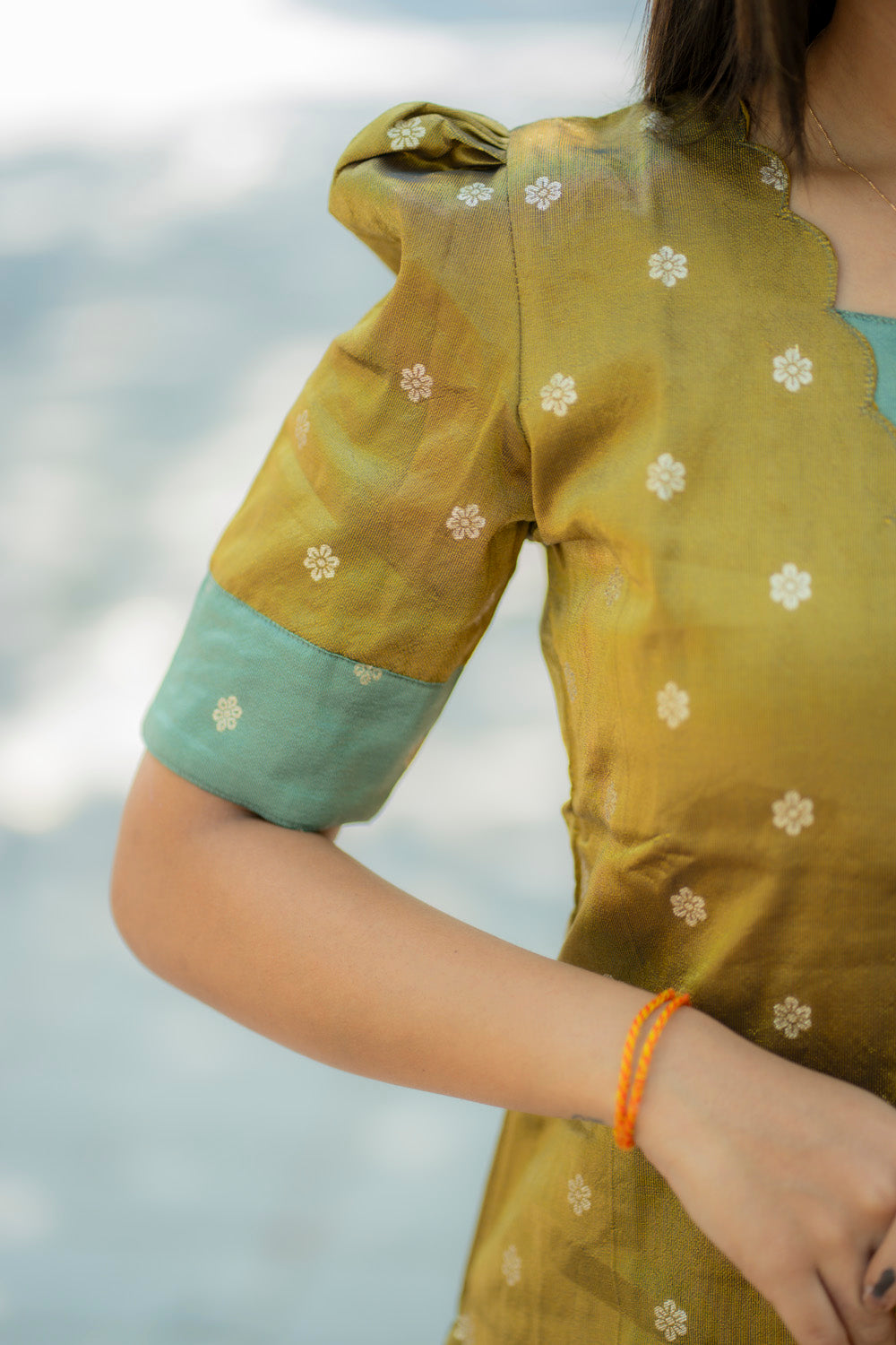 AA181A Mustard with Teal Blue Combo Shimmer Silk Kurti(Warning:Don’t Iron Directly)