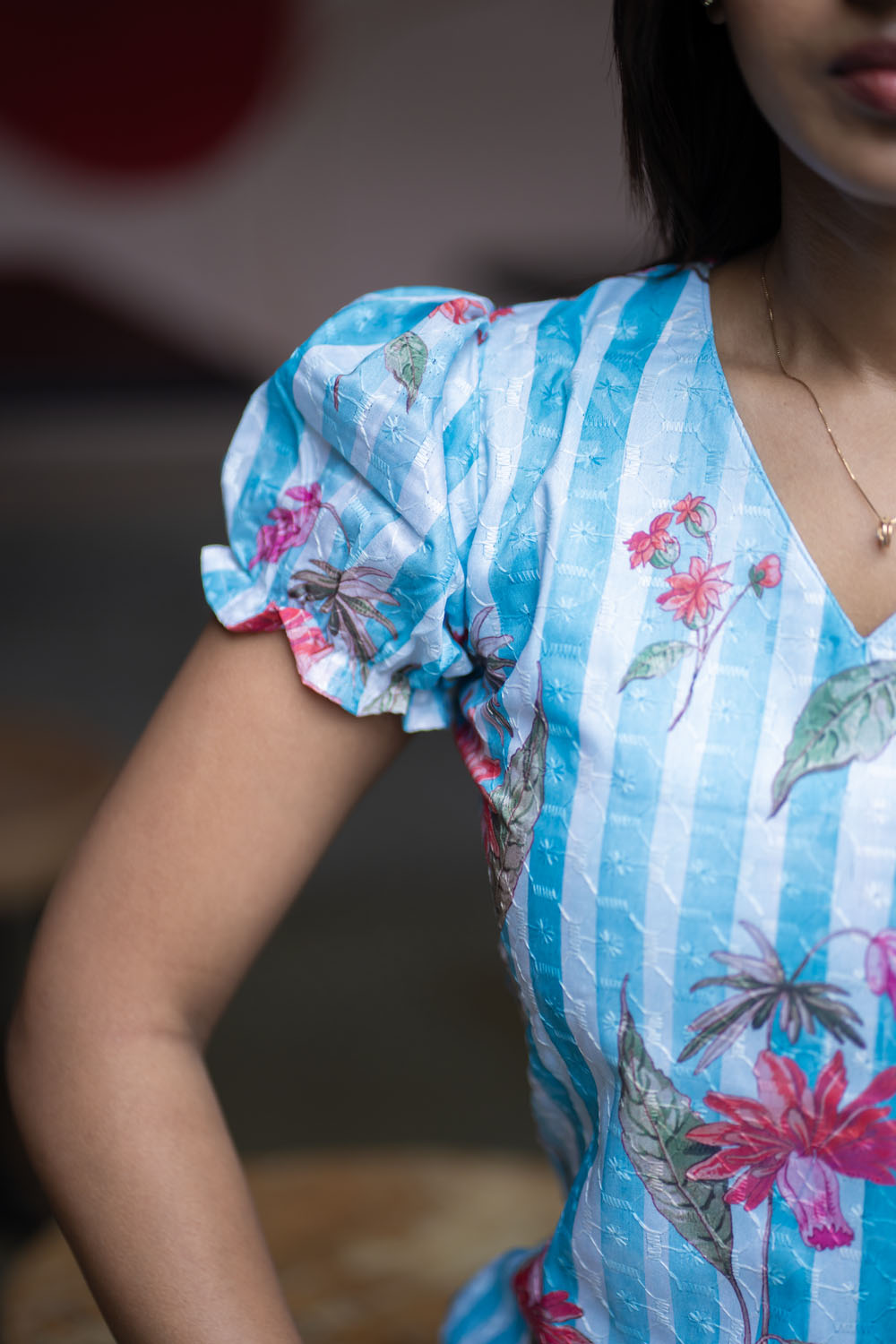 AA257 Blue with White Stripes Cambric Hakoba Floral Aline Kurti
