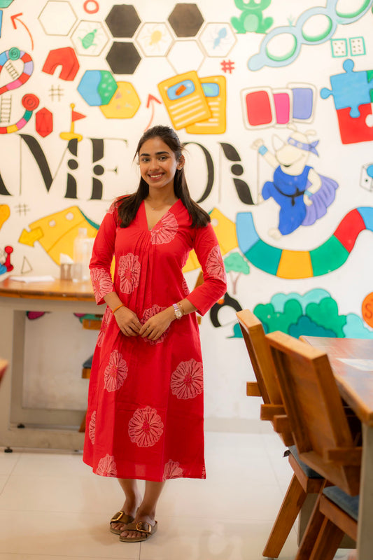 AA217 Red Floral Butter Silk Cotton Aline Kurti