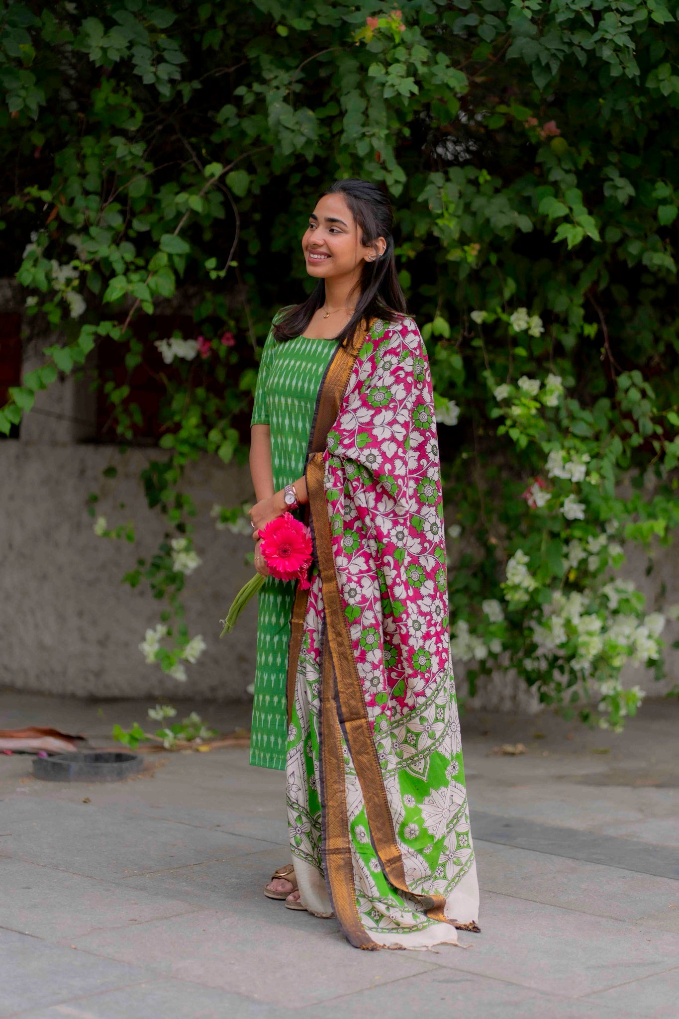 AA201 Green Ikkat Cotton Kurti with Kalmkari Dupatta