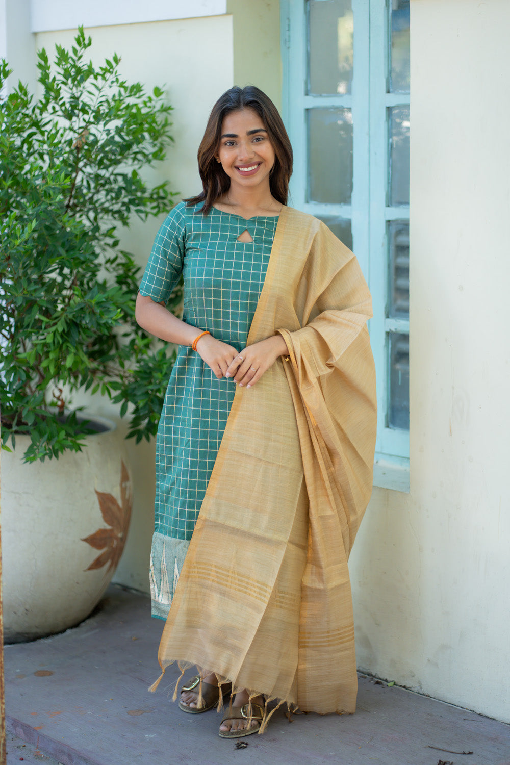 AA266 Bottle Green Checks with Temple Border Dolla Silk Kurti with Golden Tissue Silk Dupatta