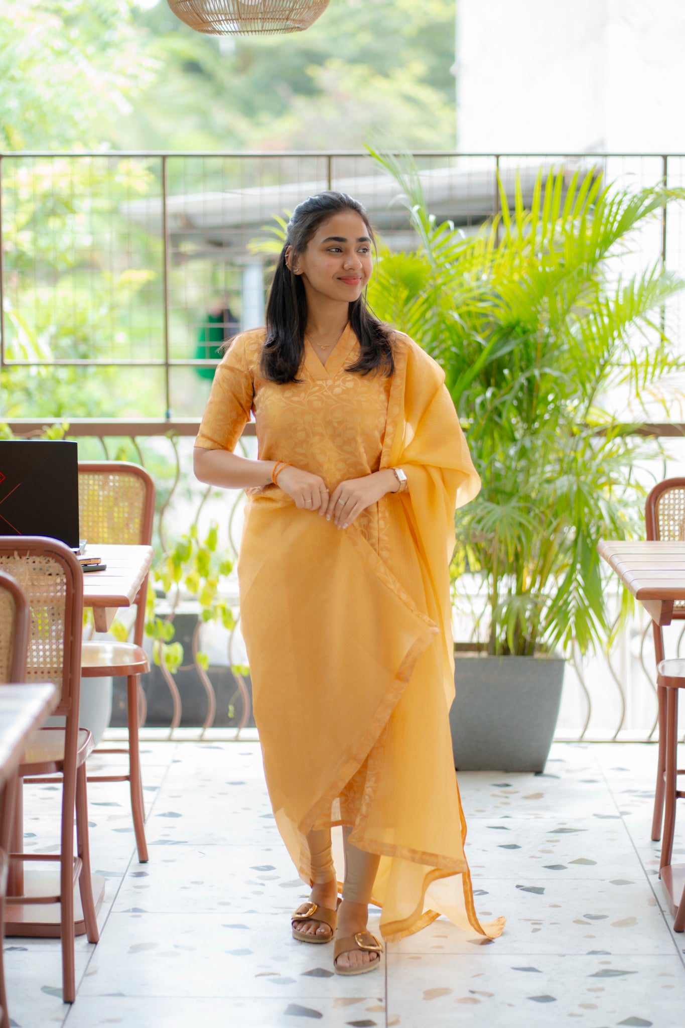A144 Pastel Orange Floral Brocade Kurti with Crush Silk Dupatta