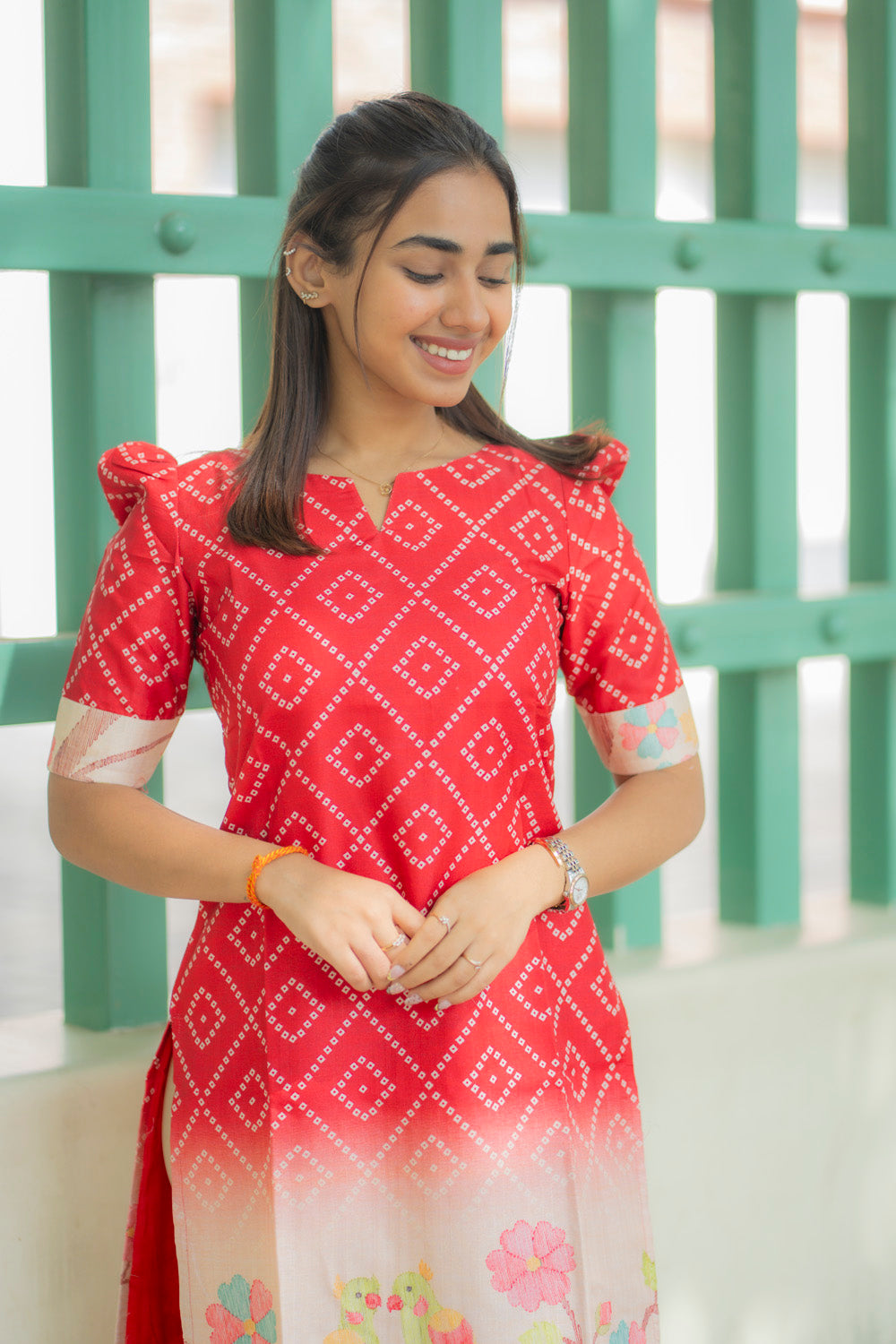 AA237 Red Bandhani with Beige Floral Parrot Print Kurti