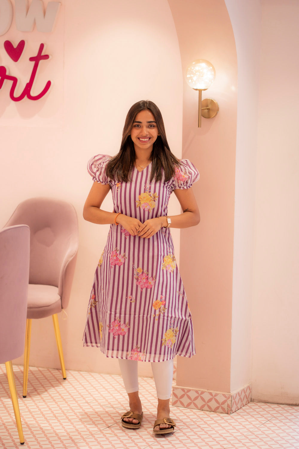 AA225 Lavender Mul Chanderi Lines Flower print Aline Kurti