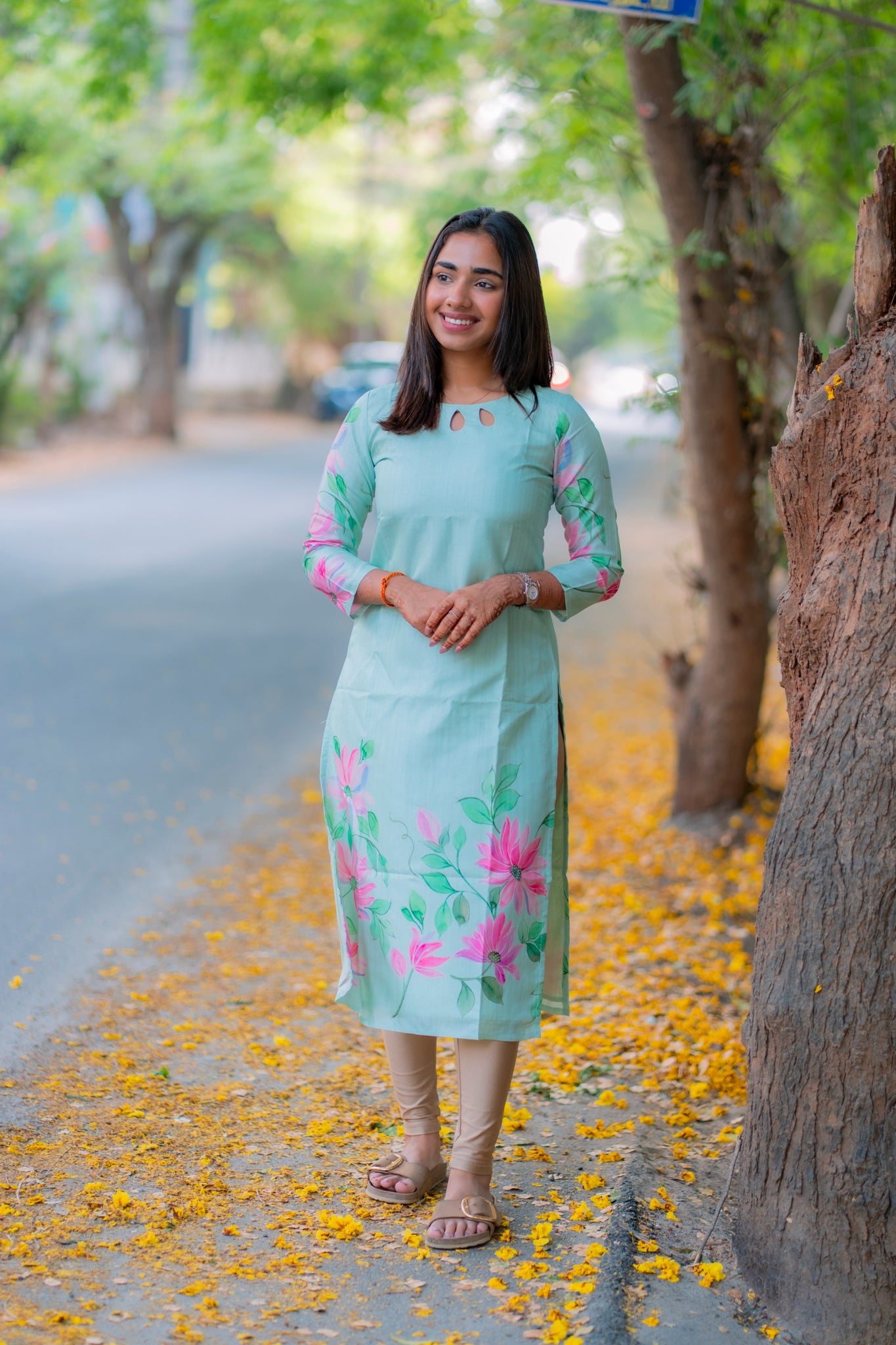 AA197 Pastel Green Kollam Silk Floral Kurti