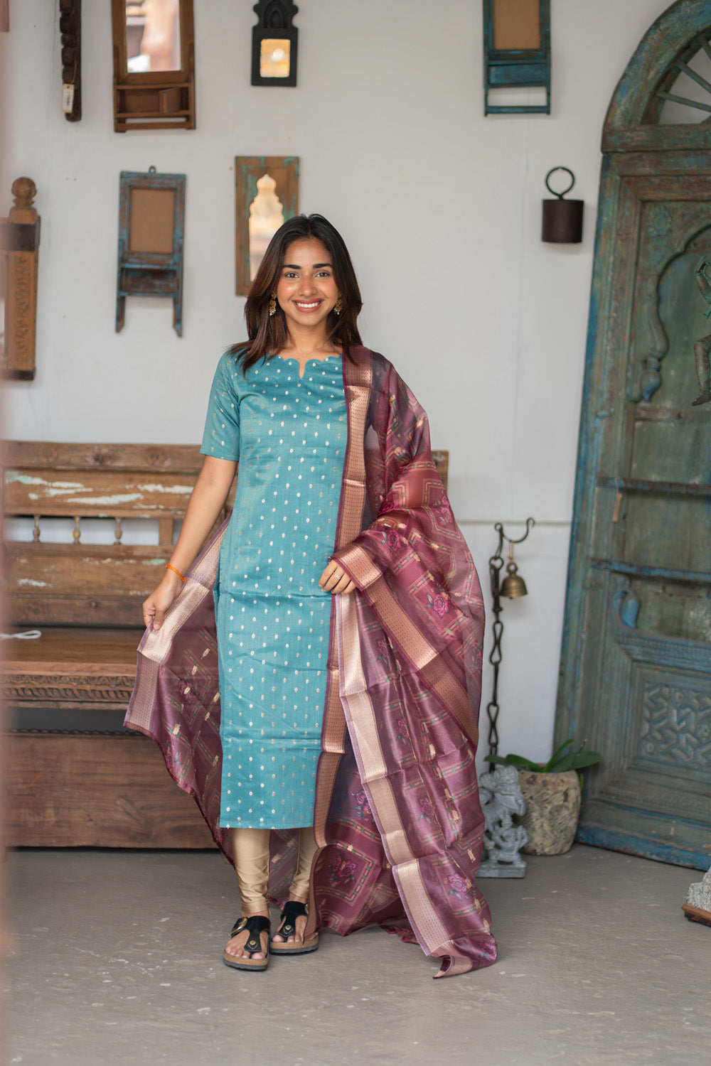 Blue Raw Silk Kurti with Beautiful Motifs paired with Organza Dupatta