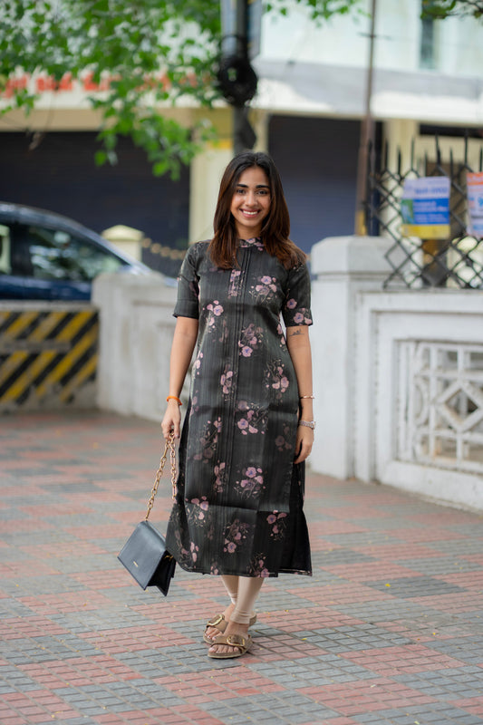 AA287 Black with Lavender Floral Shimmer Silk Kurti