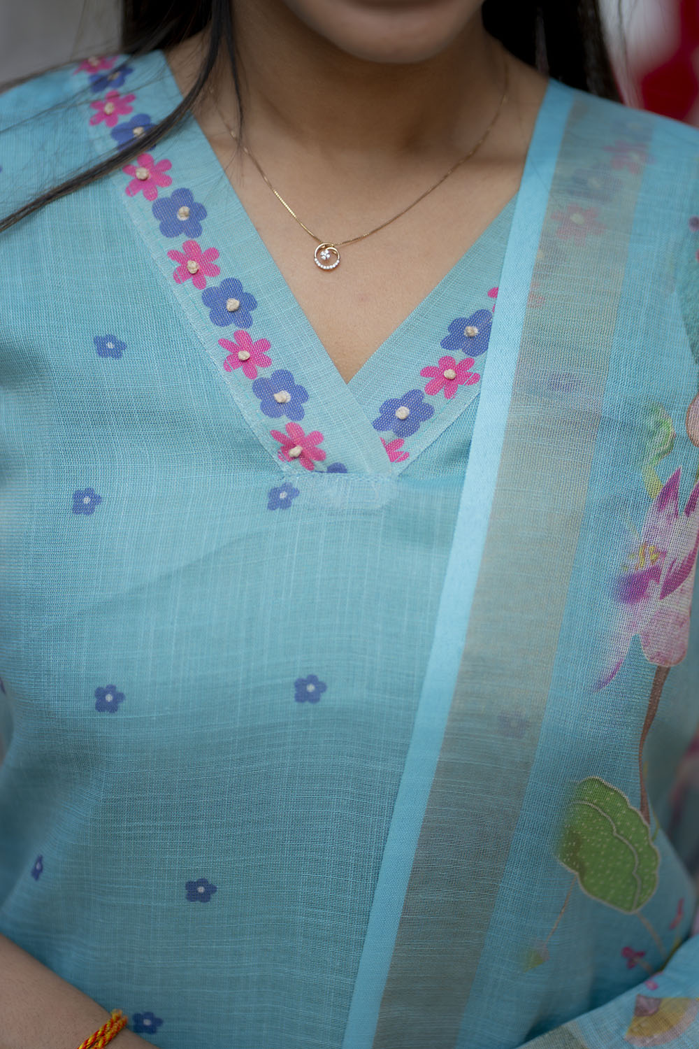 AA210 Blue Linen 3 Pc Salwar Set with Peacock & Floral Design