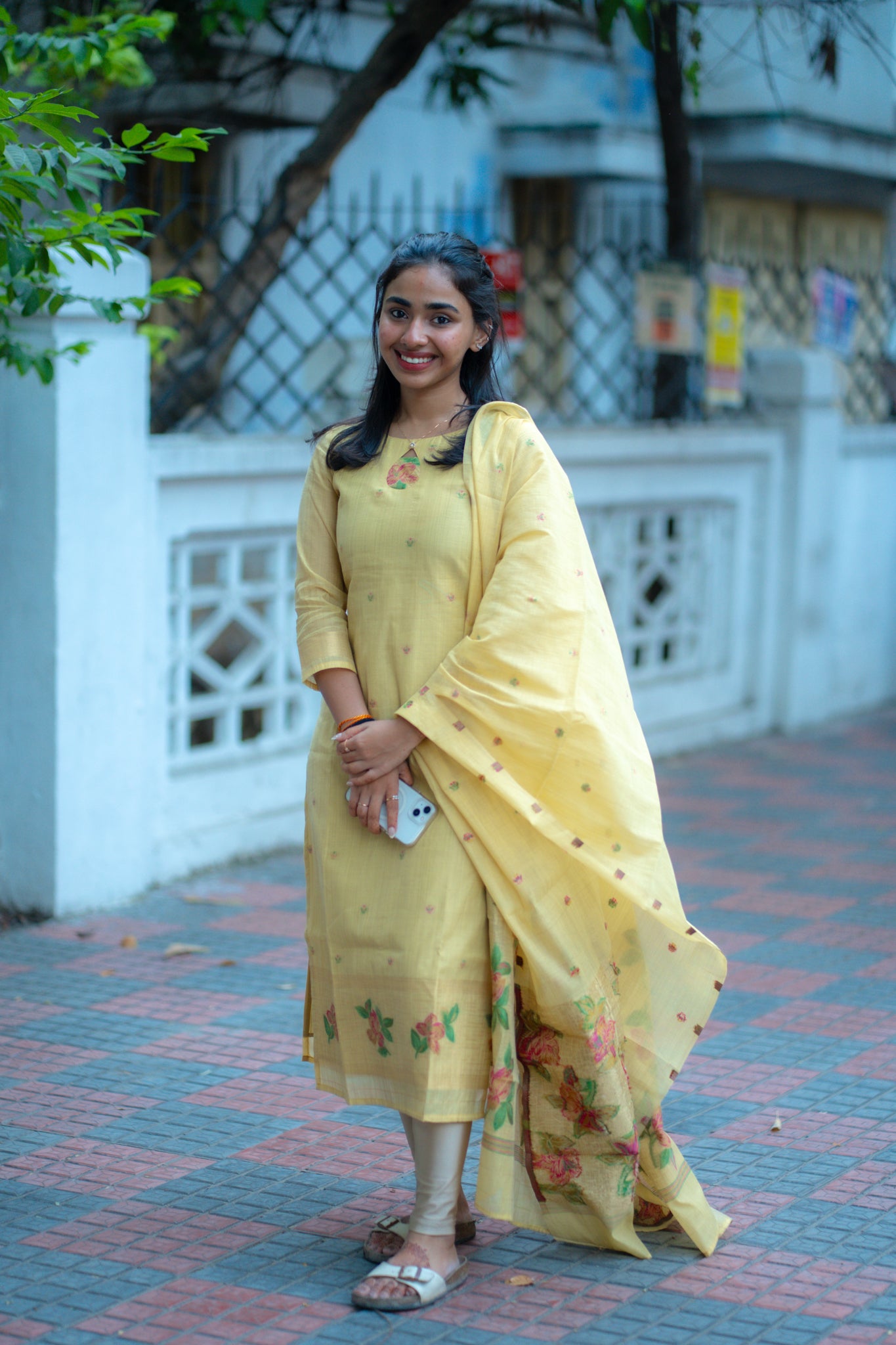 AA133 Yellow Floral Jamdani Silk Kurti with Dupatta