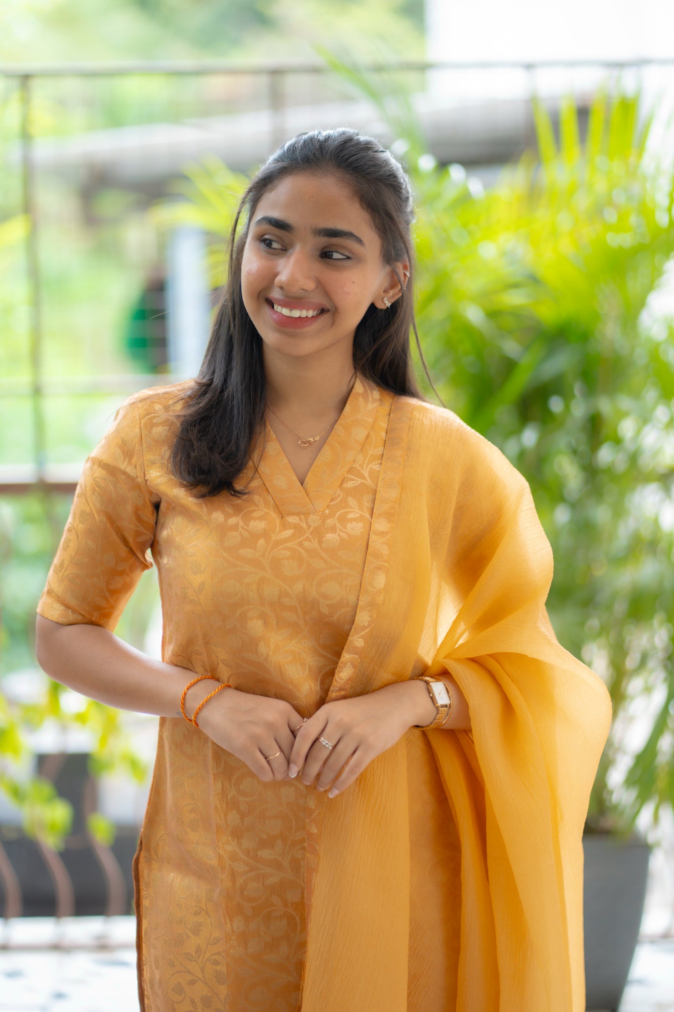 A144 Pastel Orange Floral Brocade Kurti with Crush Silk Dupatta