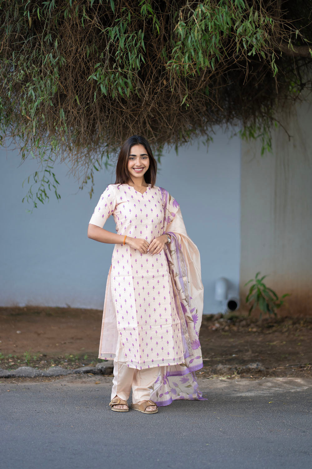 AA252 Beige with Lavender Combo Kota Floral 3 Pc Set