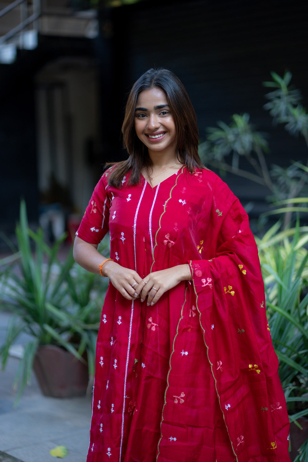 AA267 Dark Red Mul Chanderi Floral Salwar Set