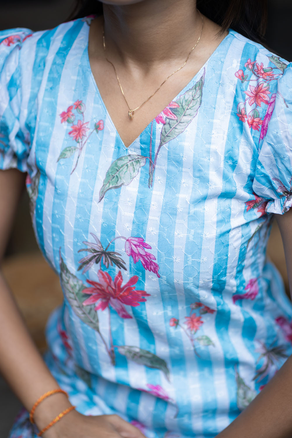 AA257 Blue with White Stripes Cambric Hakoba Floral Aline Kurti