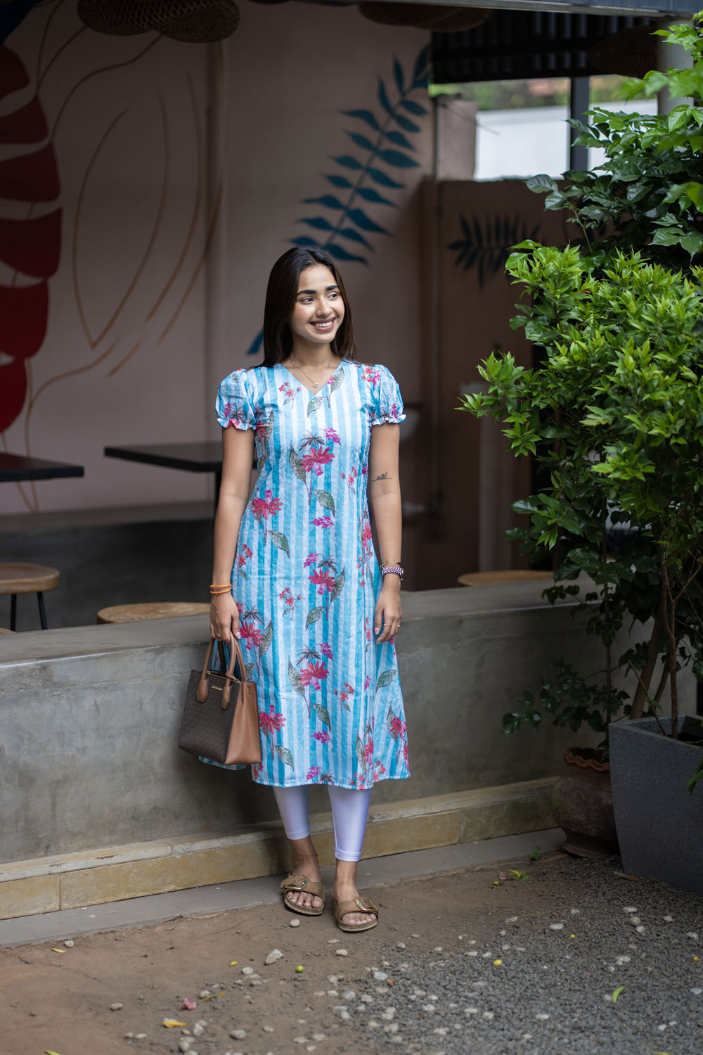 AA257 Blue with White Stripes Cambric Hakoba Floral Aline Kurti