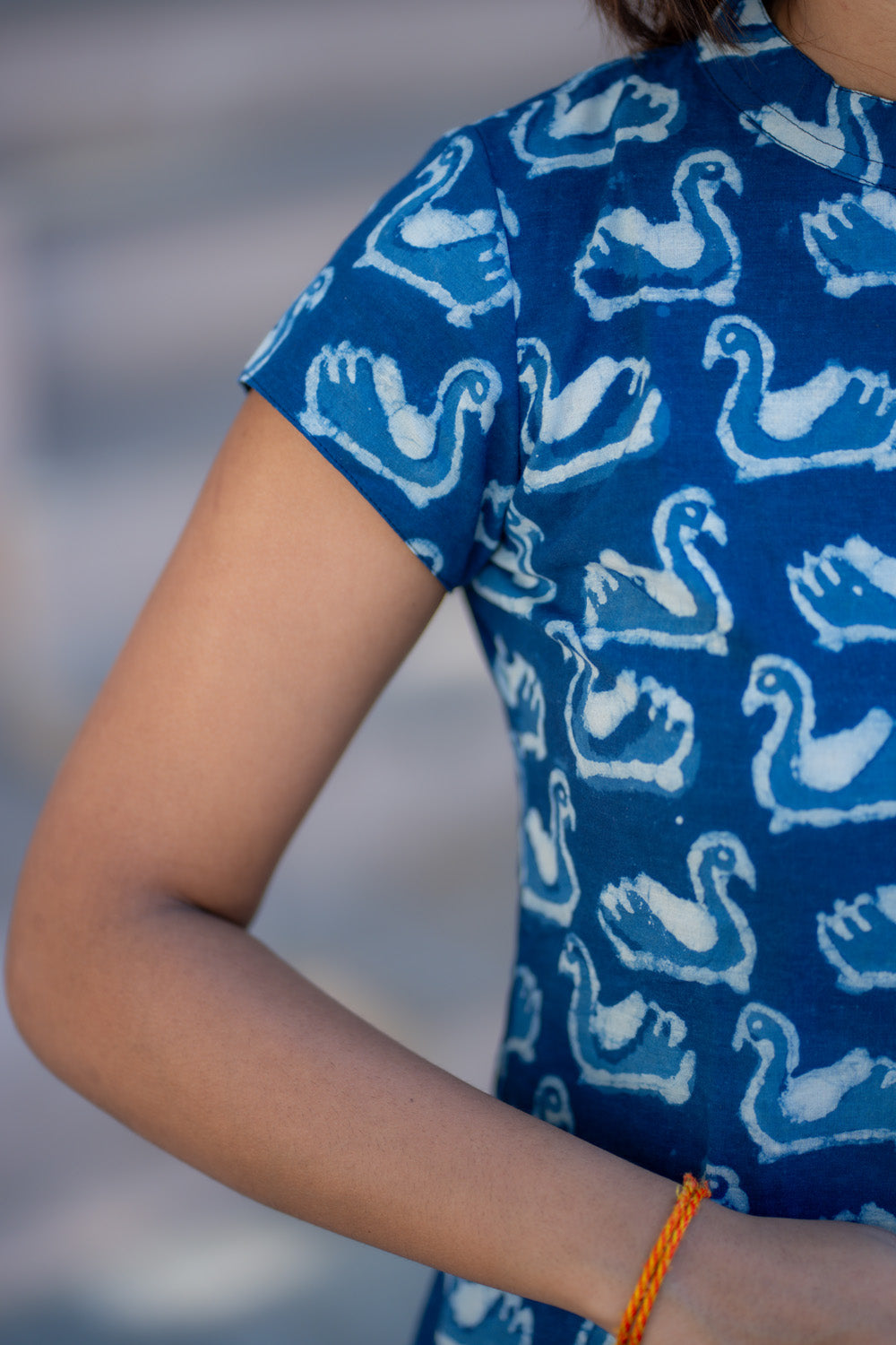 AA265 Indigo Blue Swan Print Cotton Aline Dress