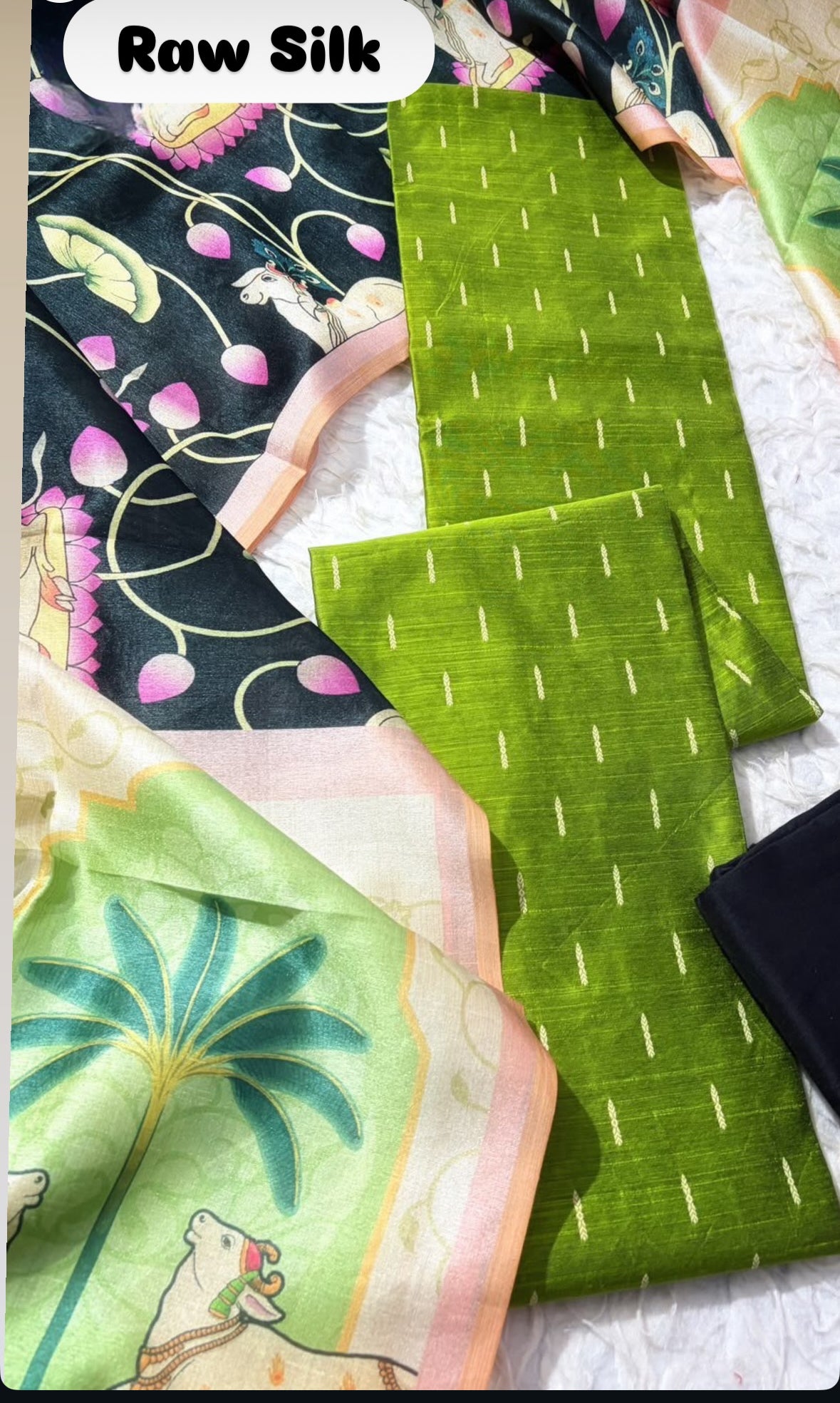 Green With Black combo Raw silk Salwar material