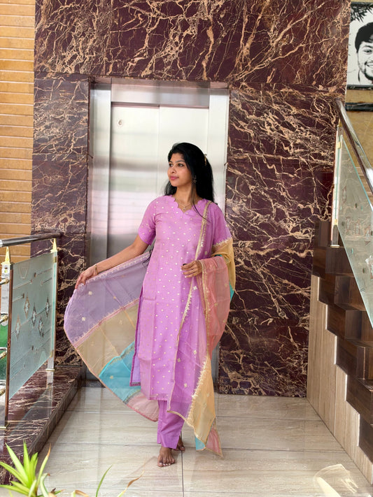 Lavender Designer Silk Top & Pant with Multicolour Dupatta