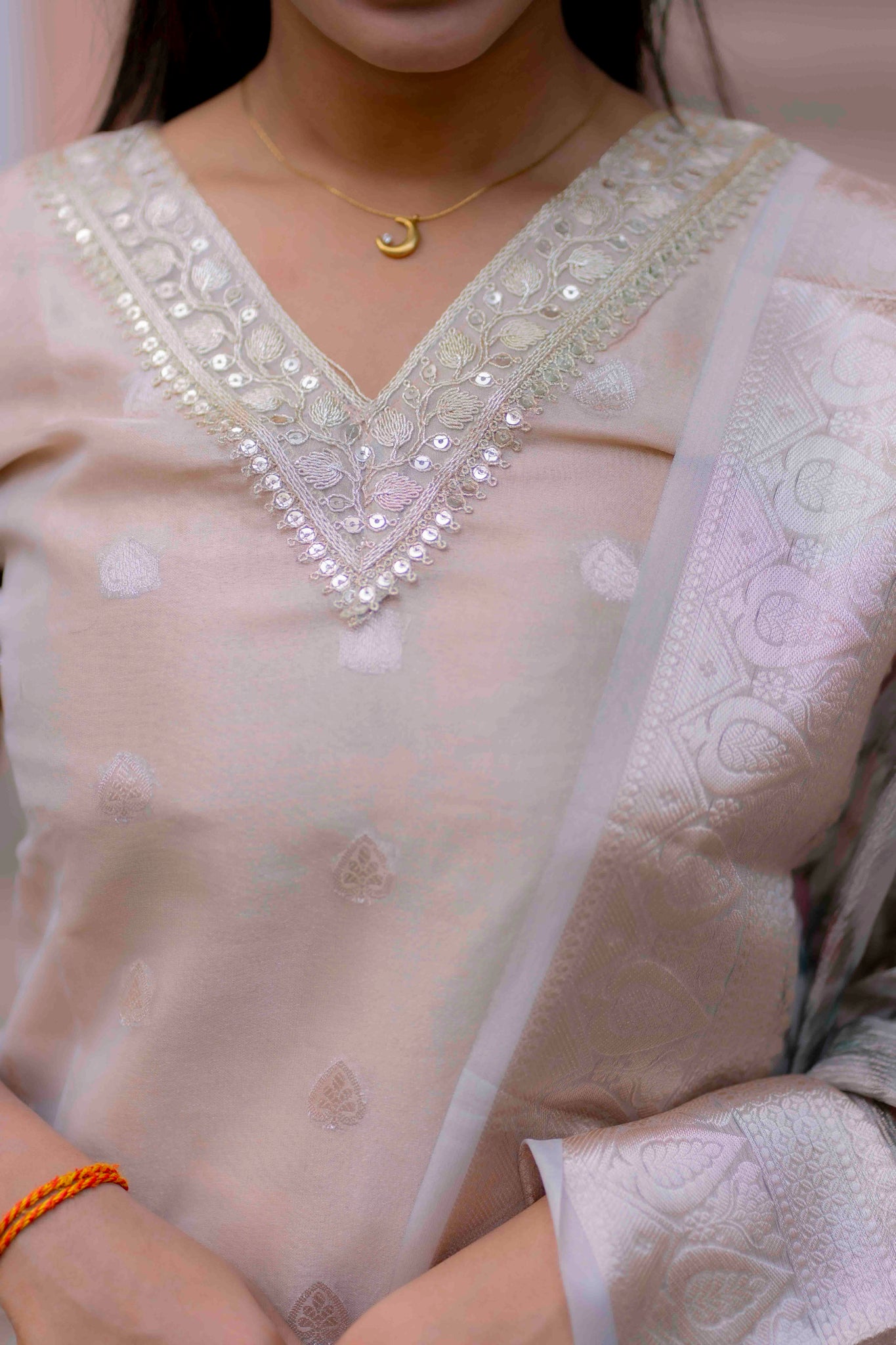 AA204 Beige Colour Organza Silk 3 Pc Set