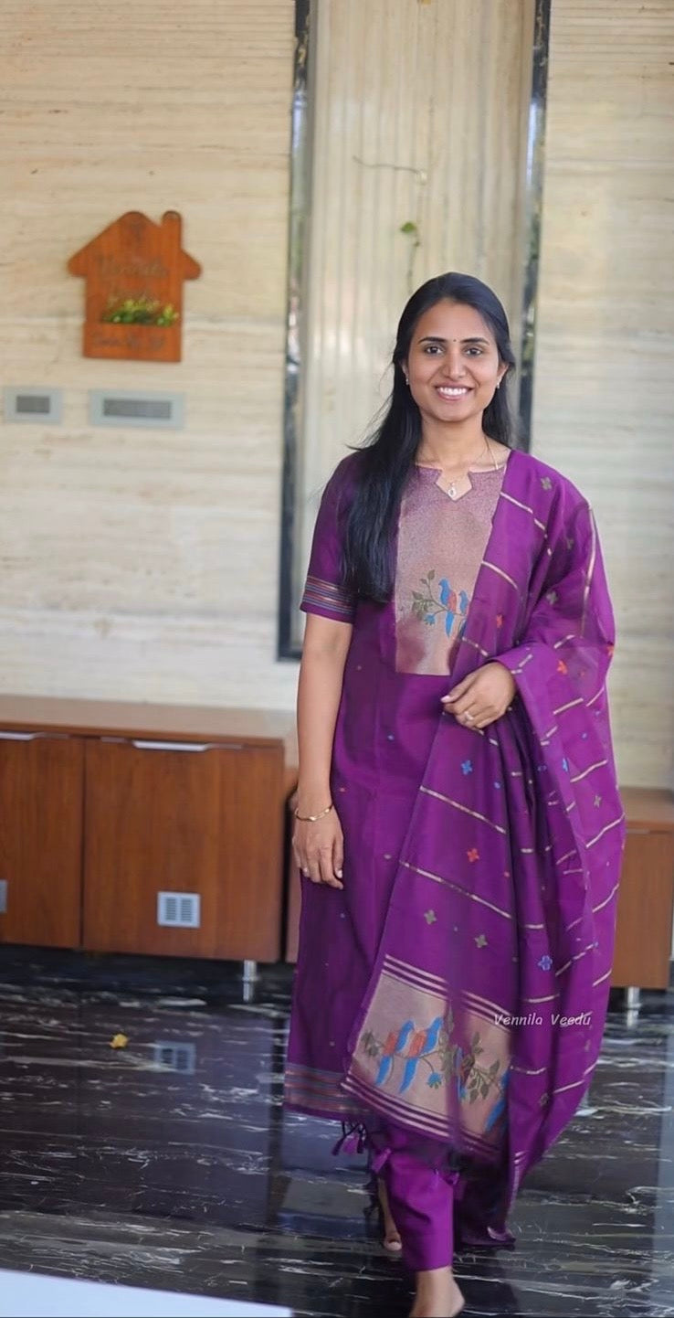 AA176 Purple Jamdhani Silk 3 Pc set