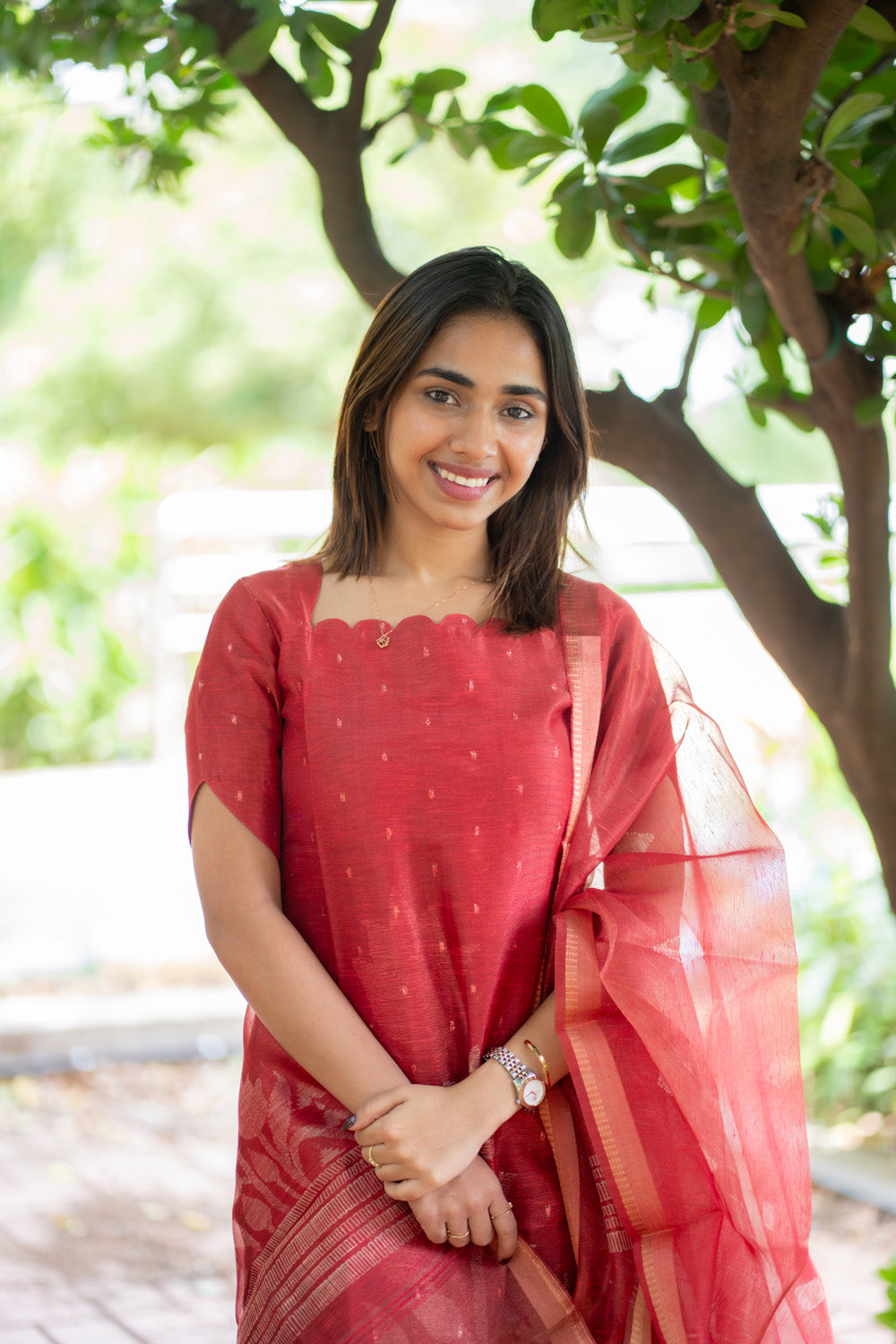 AA296 Red Chanderi Tissue Silk With Golden Motifs Kurti with Dupatta