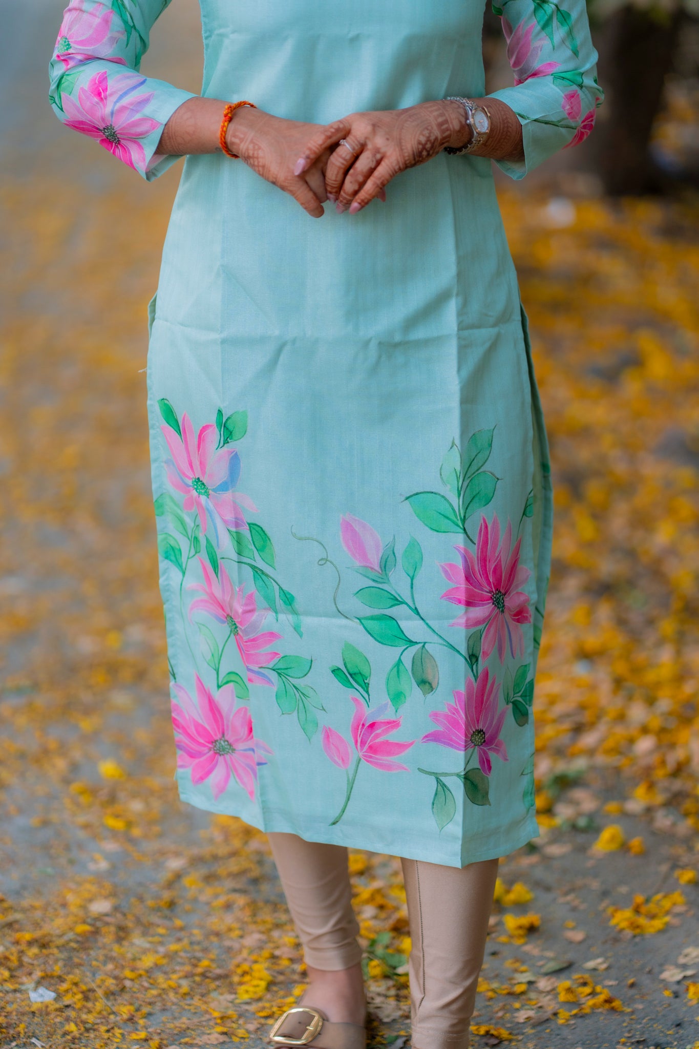 AA197 Pastel Green Kollam Silk Floral Kurti