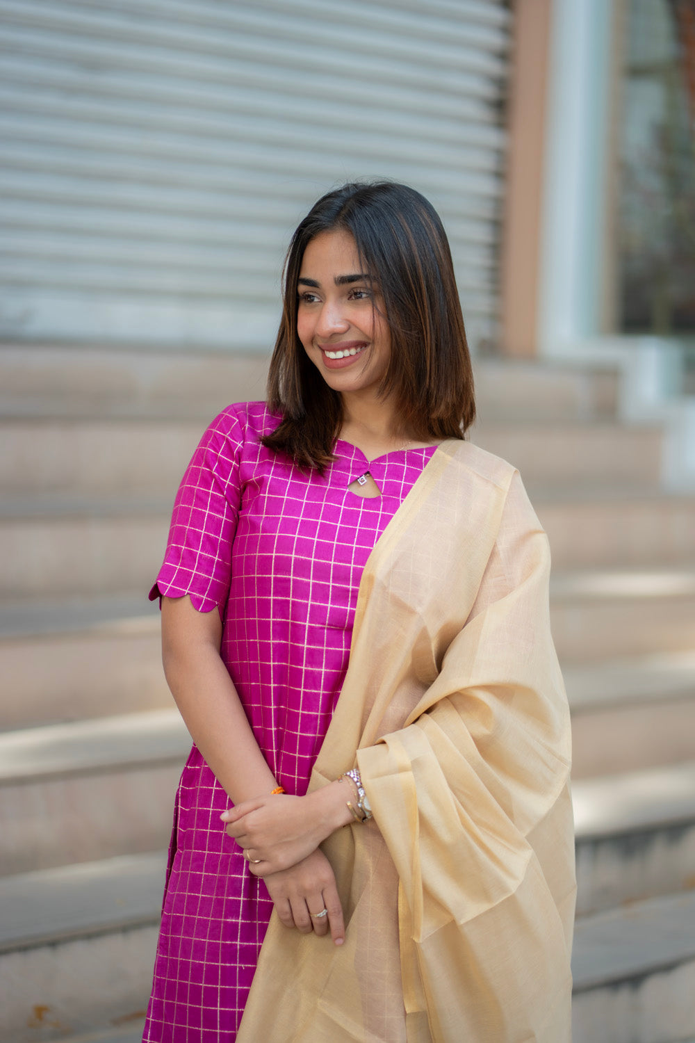 AA278 Magenta Pink Checks with Temple Border Dolla Silk Kurti with Golden Tissue Silk Dupatta