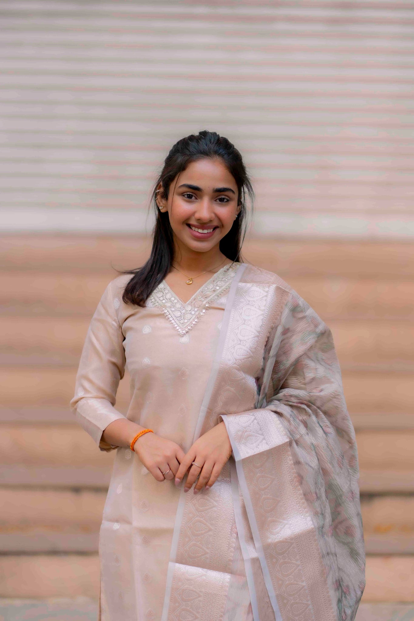 AA204 Beige Colour Organza Silk 3 Pc Set