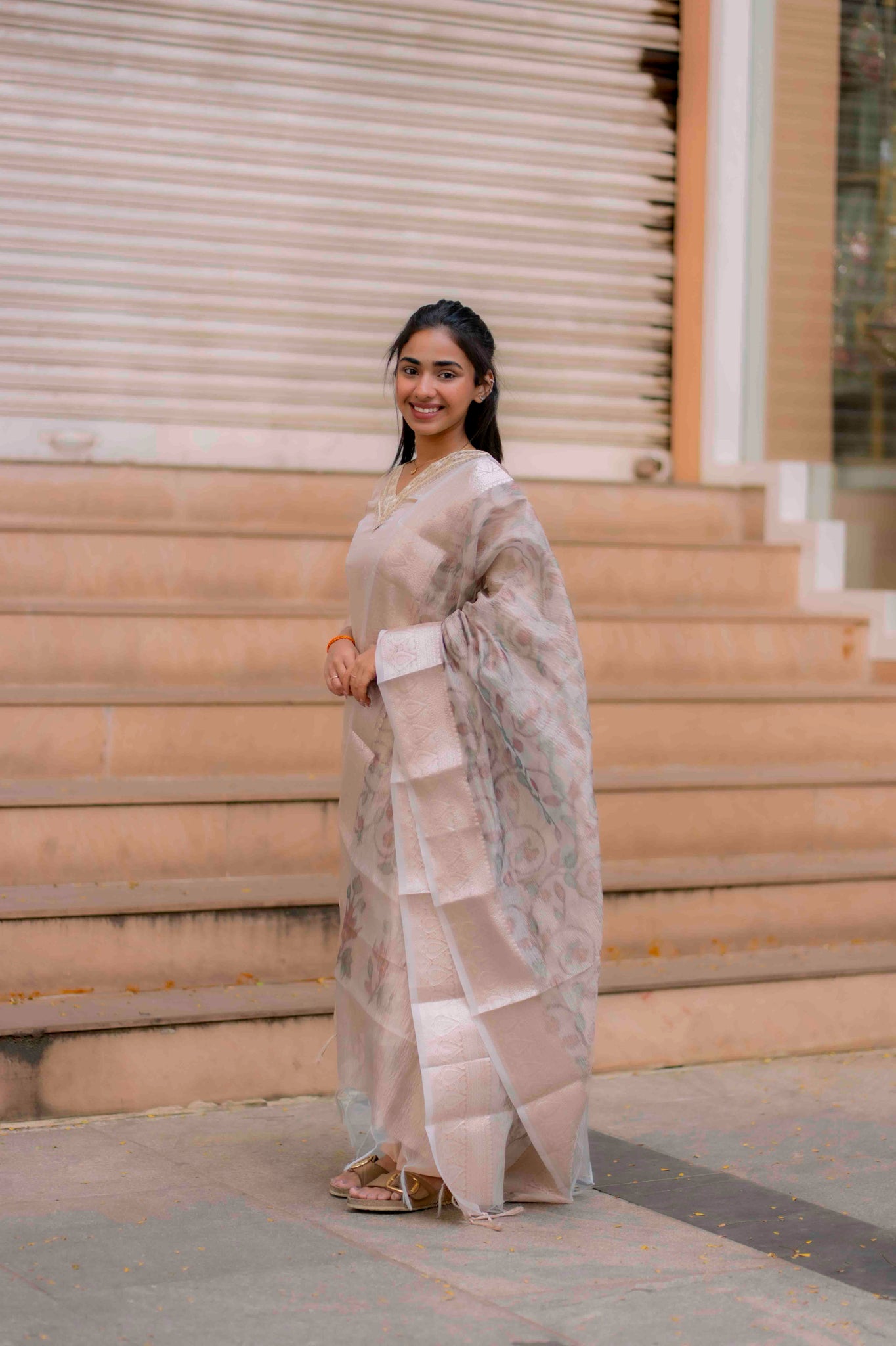 AA204 Beige Colour Organza Silk 3 Pc Set