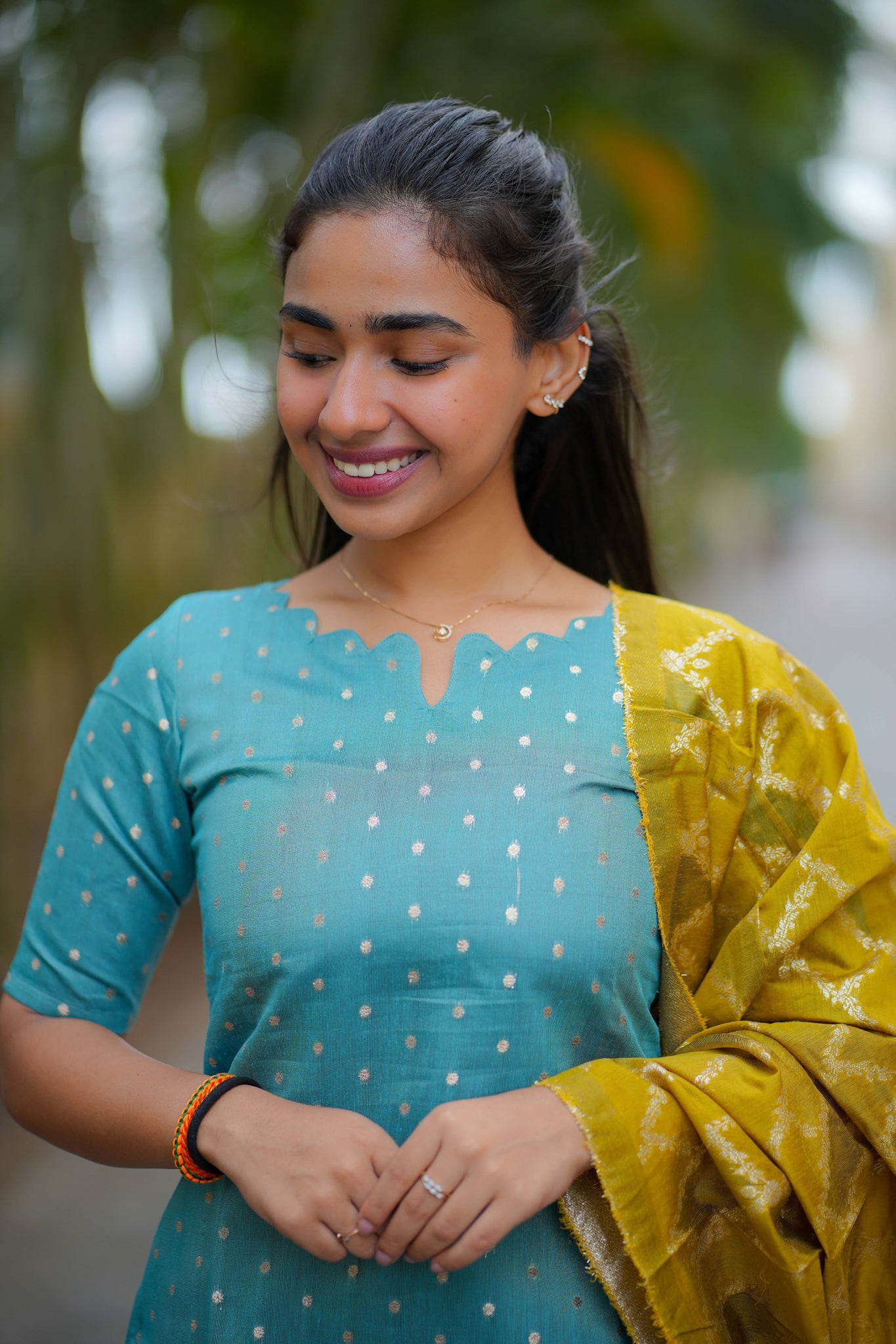 AA118 Blue Raw Silk Kurti With Mustard Brocade Dupatta