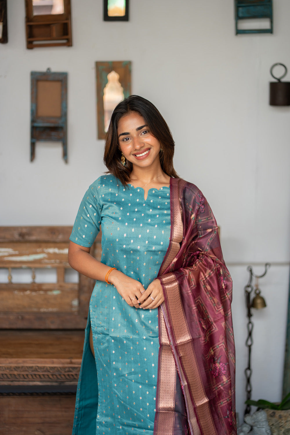 Blue Raw Silk Kurti with Beautiful Motifs paired with Organza Dupatta