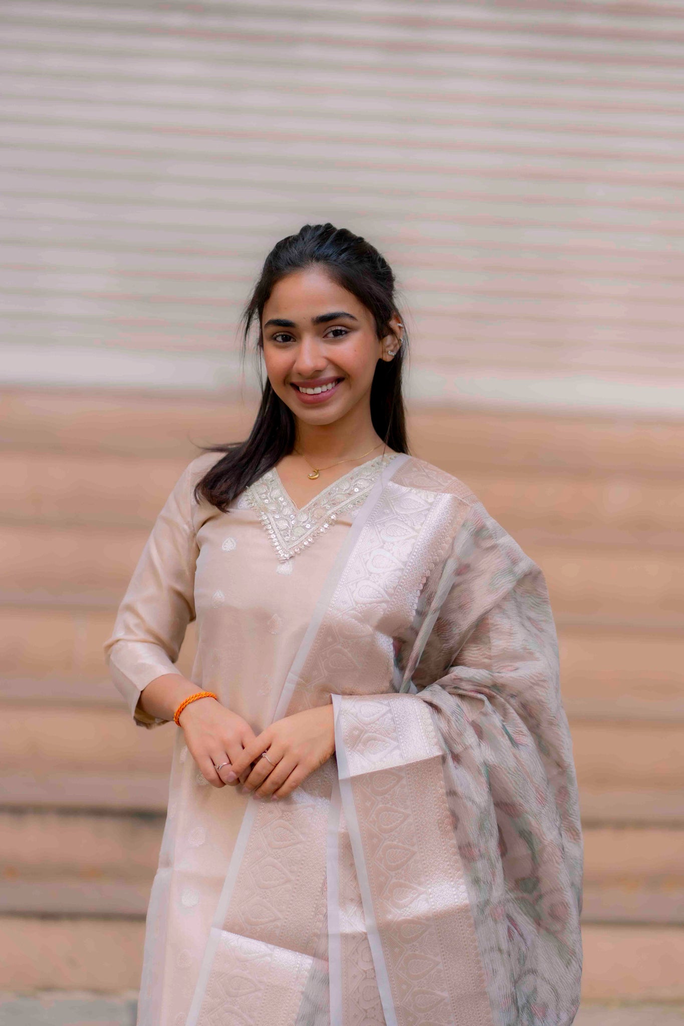 AA204 Beige Colour Organza Silk 3 Pc Set