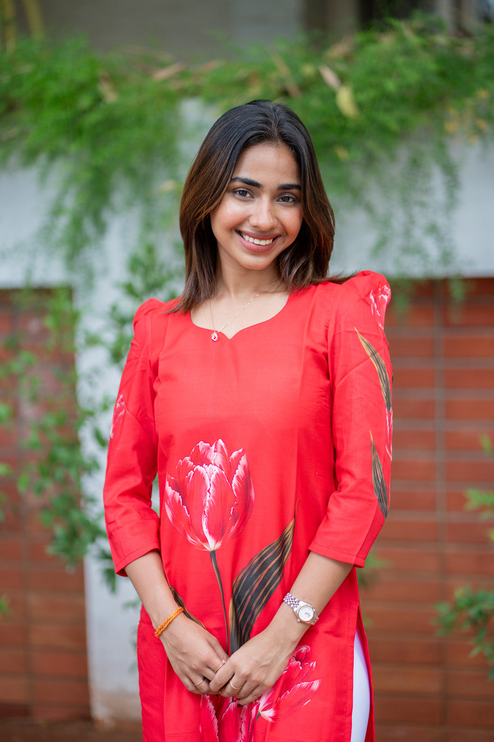 AA301 Corel Red Tulip Print Muslin Silk Kurti