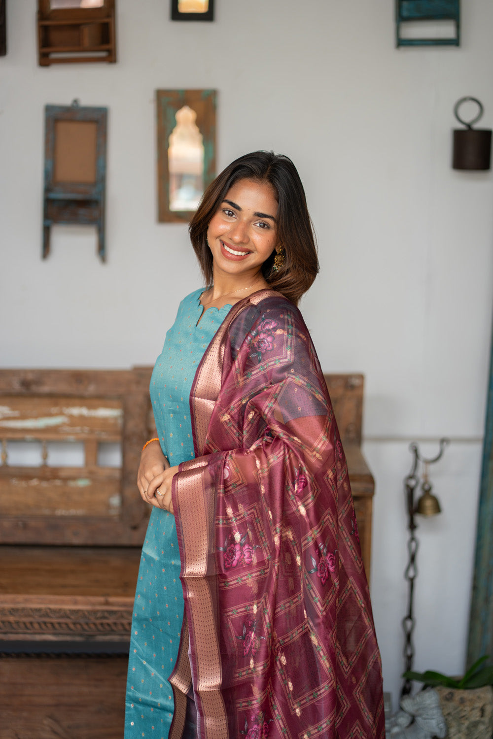 Blue Raw Silk Kurti with Beautiful Motifs paired with Organza Dupatta